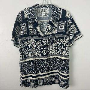 Clio 100% Silk Navy and Cream Floral Pattern Shirt